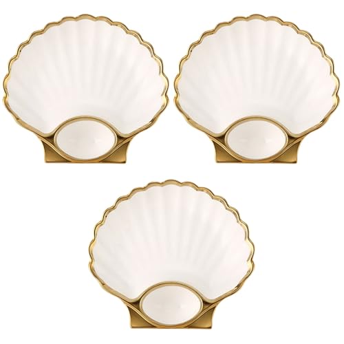 DOITOOL 3PCS Ceramic Sushi Plate with Sauce Compartment, Seashell Shaped Japanese Sushi Serving Plate with Sauce Holder for Sushi, Dumpling, Snack for Home and Kitchen (White)