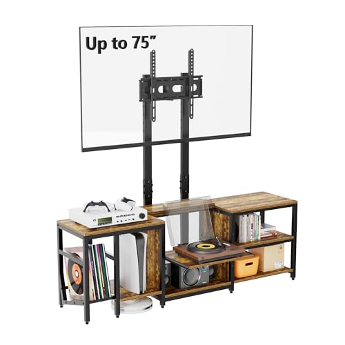 TV Stand with Mount for 32-75 inch TV, Entertainment Center with Record Player Storage, 59 in Wide Wooden Television Table with Swivel Adjustable Mount for Living Room Fits 55/60/65/70/75inch TV