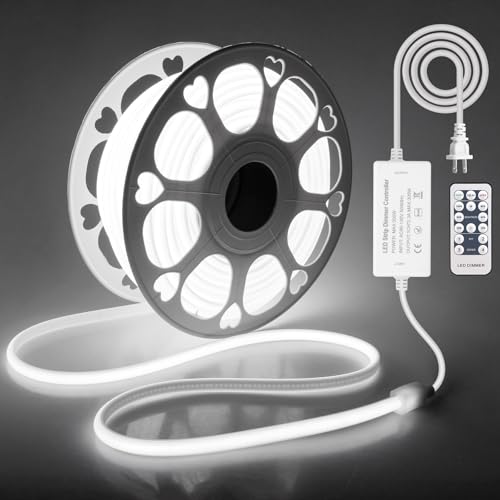 Samsion AC 110V~120V COB Led Strip Lights 100FT/30M White Led Rope Lights Outdoor Waterproof for Garden Patio Building Commerical Decor Dimmable Flexible Cob Lights with Remote Daylight White 6000k