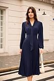 GRACE KARIN Womens 2024 Fall Long Sleeve V Neck Pleated A Line Dress Flowy Bow Tie Neck Casual Dresses Navy Blue