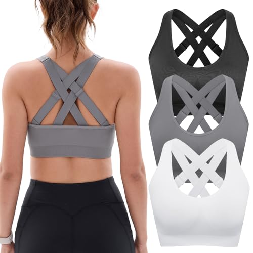 Sports Bras for Women High Support: Padded Workout Strappy Criss Cross Back Running Yoga Gym Seamless Medium Impact Push Up Crazy Girl Plus Size Bra 3 Pack Top Multipack Large Bust Breast White Black