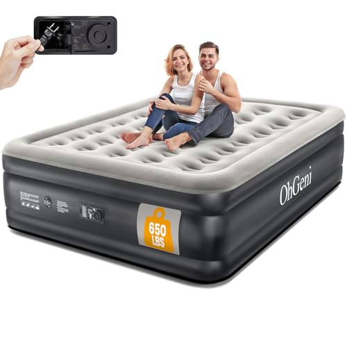 OhGeni Queen Air Mattress with Built in Pump, Inflatable Blow Up Mattress 18 Raised Comfort,Upgraded Surface Portable Mattress, Air Bed for Camping, Home and Guest, Colchone Inflable, 650 lbs Max