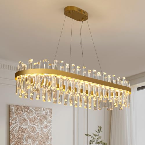 Modern Gold Crystal Led Chandelier: 39.3" Rectangular 3 Color K9 Living Room Dimmable Chandeliers - Luxury Rectangle Linear Crystals Contemporary Oval Light Fixture for Bedroom Entryway with Remote