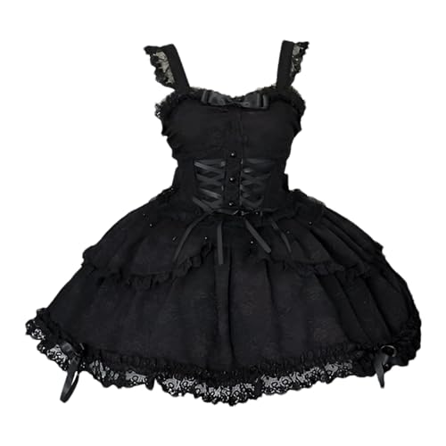 Cuteighteen Lolita Sleeveless Short Dress Teens Cute Lace Decor Graduation Cocktail Princess Halloween Party Juniors Dresses (US, Alpha, Medium, Regular, Regular, Black)