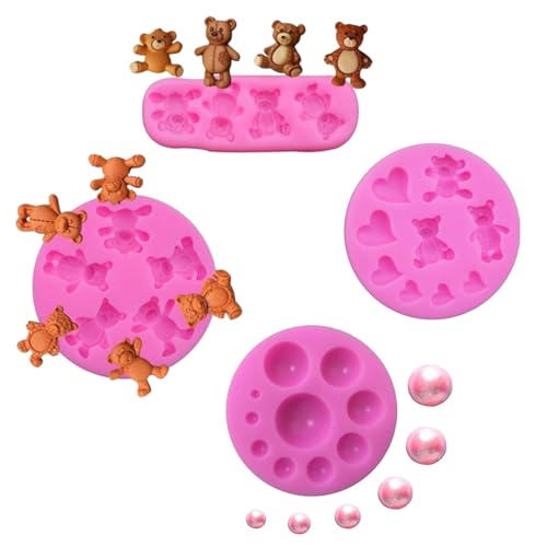 4 Pcs Silicone Fondant Mold and 3D Pearl Fondant Mold - Bear Candy Chocolate Molds - Semi Sphere Chocolate Silicone Molds for Teddy Bear Cake Decoration Cupcake Topper Bakeware Tool