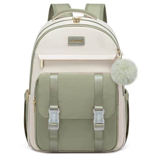 LOVEVOOK School Backpack for Teen Girls, Cute Student Backpack Purse Kid Bookbag for 14-16 Teenage, Back to School Backpacks Fit 15.6 Inch Laptop, Large College Travel Bag, Beige-Light Green