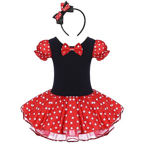 Toddler Girl Polka Dots Party Fancy Costume Birthday Tutu Dress up Dance Leotard Gymnastic Cosplay Gown w/Mouse Ear Headband Red 3-4 Years