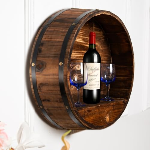 HamRoRung Whiskey Barrel Decor, Bourbon Whiskey Barrel Shelf, Wall Mount Wine Rack, Oak Barrel Wine Bottle Holder, Rustic Wine Rack Wood for Vintage Wine Bar and Home Décor (Small)