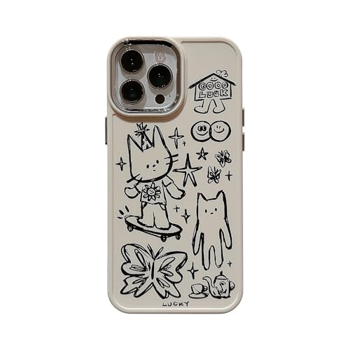 Emylisa Designed for iPhone Case, Cute Cat Butterfly Star Lucky Line Drawing Soft Phone Case (White,for iPhone 15)