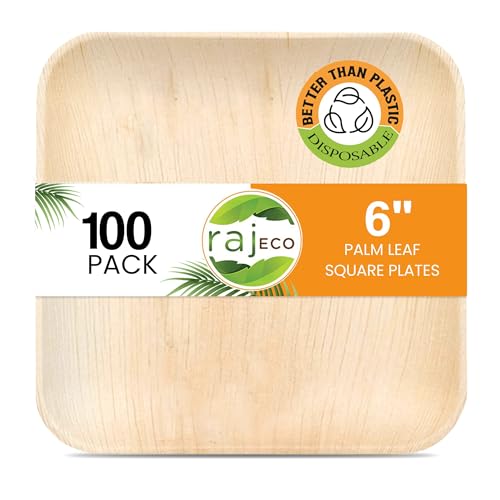 Raj Palm Leaf Plates [100-Pack] 6" Square Plates like Bamboo plates Disposable, Strong, Decorative Compostable Tableware for wedding, Lunch, Dinner, Birthday, Camping, Outdoor BBQ, Picnic