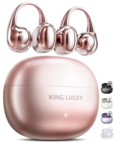 King Lucky Clip on Earbuds Open Ear Wireless Bluetooth 5.4 Headphones with Mic,50H Play,Noise Cancelling,Waterproof,Sports Ear Buds,Comfortable for Small Ears & Glasses Wearers,Workouts (Pink)