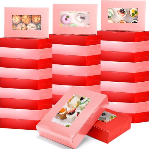 Maitys Valentine's Day Cookie Boxes - 120 Pcs, 8 x 6 x 2.5'' Holiday Bakery Boxes with Window, Pastry & Donut Containers, Candy & Muffin Food Packaging Gift (Red, Pink)