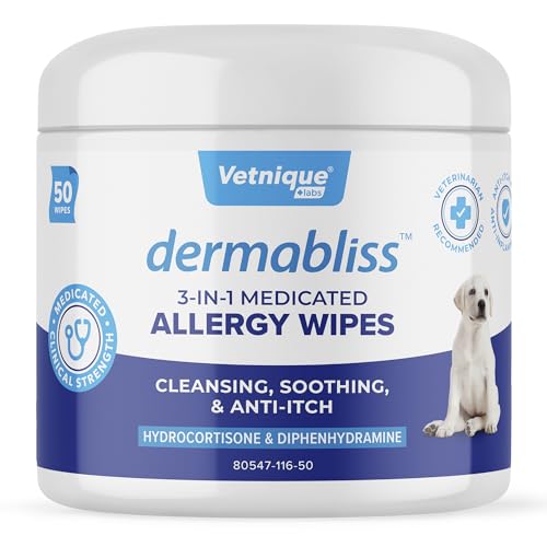 Vetnique Dermabliss 3-in-1 Medicated Dog Wipes - Relief for Itchy Skin, Allergies & Odor Control, Gentle No-Sting Formula, Antihistamine & Hydrocortisone Paw Wipes for Dogs & Cats 50 Count