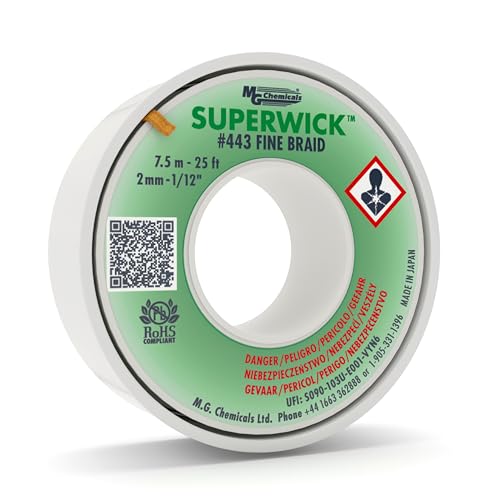 MG Chemicals - 443 Desoldering Braid #3 Fine Braid Super Wick with RMA Flux, 25' Length x 0.075" Width, Green
