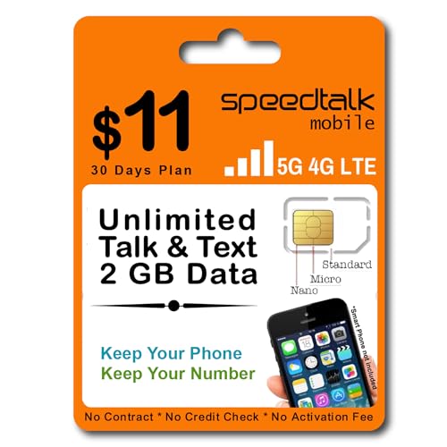 SpeedTalk Mobile Prepaid Cell Phone SIM Card for Smart Phones & Cellphones | $11 Monthly Plan - Unlimited Talk & Text + 2GB 5G 4G LTE Data | 3-in-1 SIM Card Standard Micro Nano