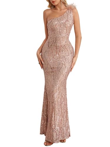 Women's One Shoulder Champagnegold Formal Evening Gowns Sequin Mermaid Maxi Dress for Wedding Guest Ceremony Anniversary Dress,2XL
