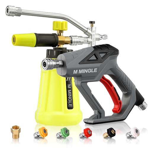 M MINGLE High Pressure Washer Gun with Foam Cannon, Foam Cannon Dual Connector Accessory, Car Wash Foam Gun Kit 1/4 Inch Quick Connector, 5 Pressure Washer Nozzle Tips