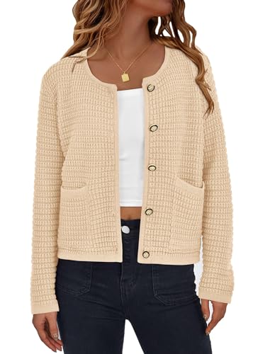 PRETTYGARDEN Women Knit Cardigan Sweaters Fall Fashion Long Sleeve Open Front Button Down Trendy Casual Jacket Winter Clothes (Beige, Small)