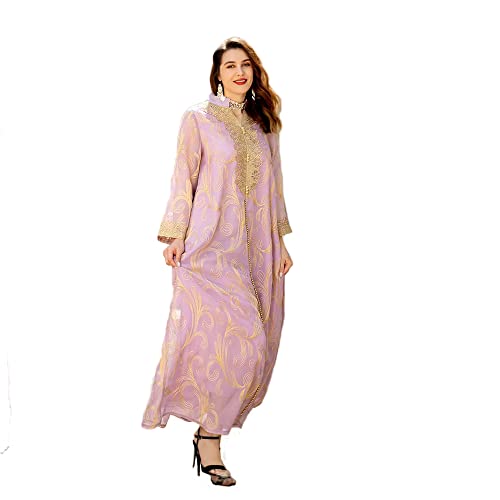 PolyJolly Gold Embroidery Lightpurple Abaya Dress for Women Dubai Sadui Arabs Occasion Lace Robes L