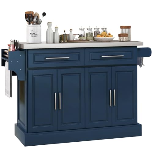 HOMCOM Rolling Kitchen Island Cart with Wheels, Portable Island Table for Kitchen with Stainless Steel Top, Adjustable Shelves, 2 Drawers, Spice, Knife and Towel Rack, Navy Blue