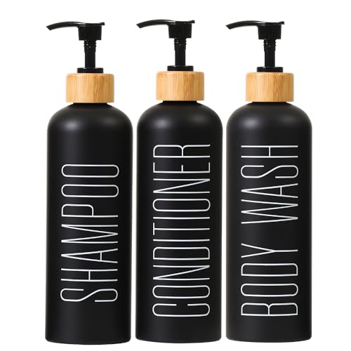 HOMCDALY 16oz 3-Pack Refillable Black Bathroom Shower Set - Empty Bottles with Pump for Shampoo, Conditioner, or Body Wash