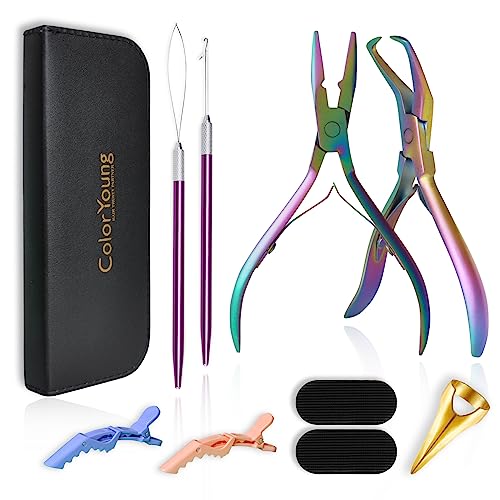 ColorYoung Hair Extension Beading Tool Kit - Micro & Pre-Bonded Hair Extension Bead Closer & Remover - Rainbow