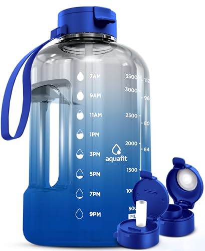 AQUAFIT 1 Gallon Water Bottle With Times To Drink - 128 oz Water Bottle With Straw - Motivational Large Sports Water Bottle With Time Marker - Gym Water Jug