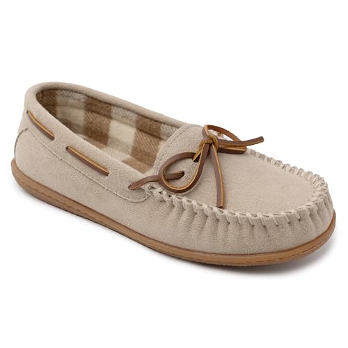 Minnetonka Women's Camp Tie Moc Plaid Lined Slippers, Moccasin Slippers for Women with Rubber Camp Sole, 7 M Stone