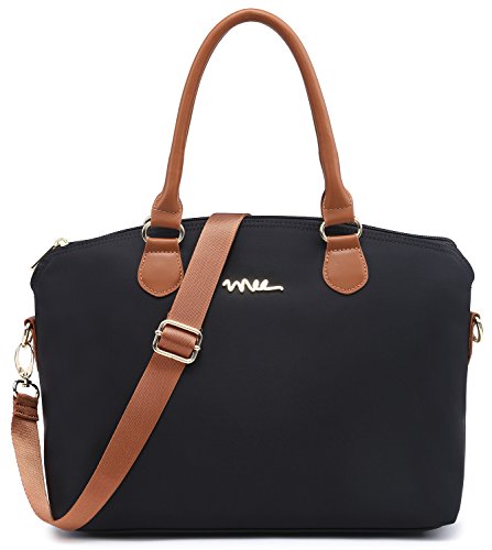NNEE Water Resistance Nylon Top Handle Satchel Handbag with Multiple Pocket Design - Black