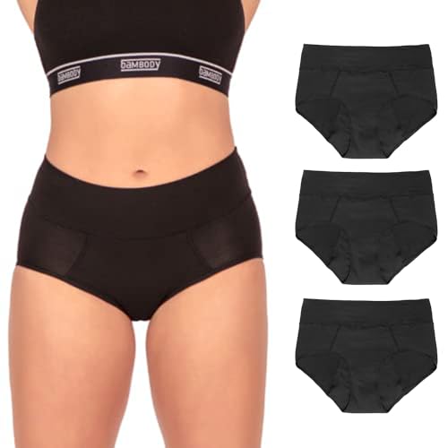 Bambody Absorbent Panties, Post-Partum, Period Underwear for Women and Teens - Leakproof, Soft, Comfortable, Breathable - Medium, 3 Pack, Black