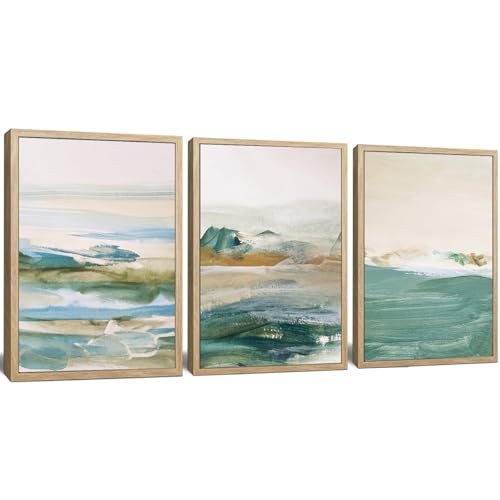 Abstract Beach Canvas Wall Art with Natural Wood Framed - Grey blue Ocean Landscape Paintings Artwork Decor Hills Nature Pictures for Bathroom, Living Room, Bedroom Decoration