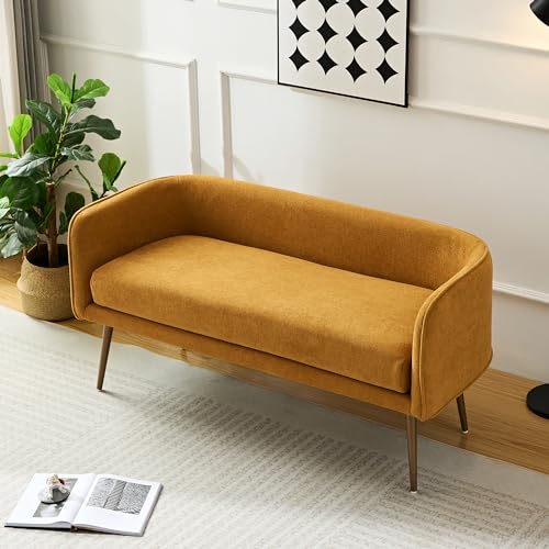 Forshare Bedroom Bench and Entryway Bench with Low backrest and armrests, Yellow Fabric Bench,Inside Sturdy Metal Frame