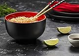 KooK Ramen Bowl, Japanese Bowls, Noodle Bowls, Large Soup Bowl, Ceramic, Large Capacity, For Ramen, Pho, Udon, Soba, Microwave and Dishwasher Safe, 34 oz, Set of 4 (Black/Red)