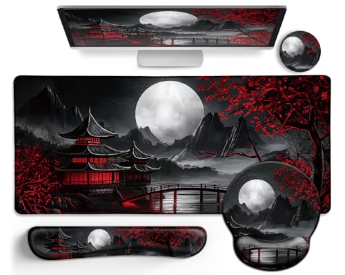 LIMKRIAN Japanese Mouse Pad Large Desk Mat Set, XXL Anime Full Moon Ergonomic Mousepad with Wrist Rest, Wrist Support Gaming Keyboard Mat Cup Coaster Set, Japanese Style Office Desk Accessories