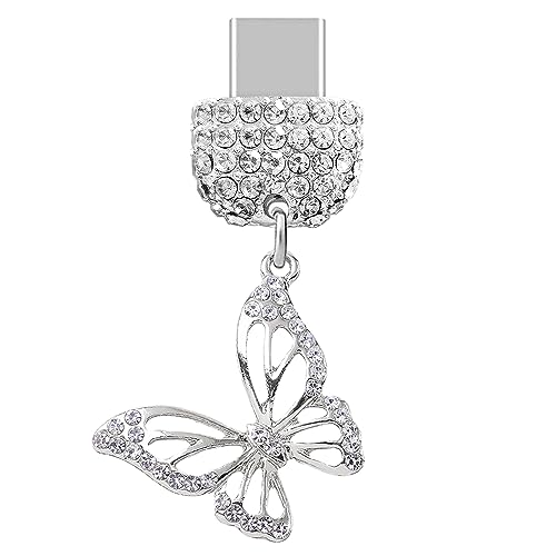 ELISE & FONDA TP229 Type-C USB Charging Port Crystal Anti Dust Plug Little Butterfly Cell Phone Charm for Samsung Galaxy/Huawei/OnePlus/Xiaomi/oppo Android Phones (Silver)