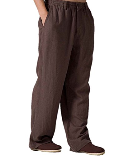 ZanYing Buddhist Meditation Casual Men Pants Linen Loose Monk Pants (M, Brown)