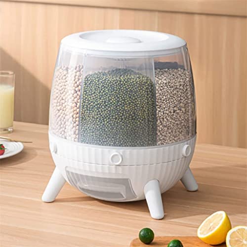 KouRy Rotating Rice Dispenser Cereal Dispenser Containers Bucket Automatic Grain Dry Food Storage Bin Grains Dispense (White)