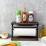 MyGift Kitchen Countertop Paper Towel Holder and Condiment Display Shelf Rack, Rustic Burnt Wood and Metal Towel Dispenser with Top Shelf for Bathroom or Kitchen