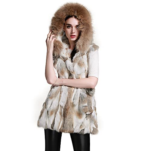 Fur Vest For Women Furry Hooded Vest Coat Long Fuzzy Sleeveless Jackets With Real Rabbit Fur(Size-8)