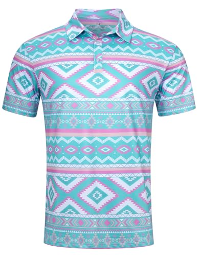 uideazone Mens Polo Shirts Casual Athletic Quick-Dry Short Sleeve Slim Fit Golf T-Shirts 3D Ethnic Print Summer Lapel Button Top