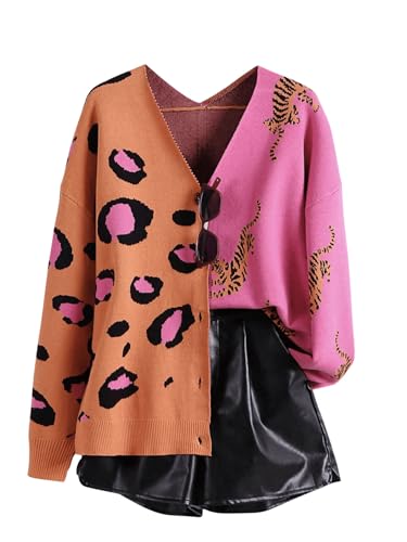 WDIRARA Women's Leopard Tiger Print Cardigan V Neck Long Sleeve Color Block Button Down Sweater Outwear Pink Medium