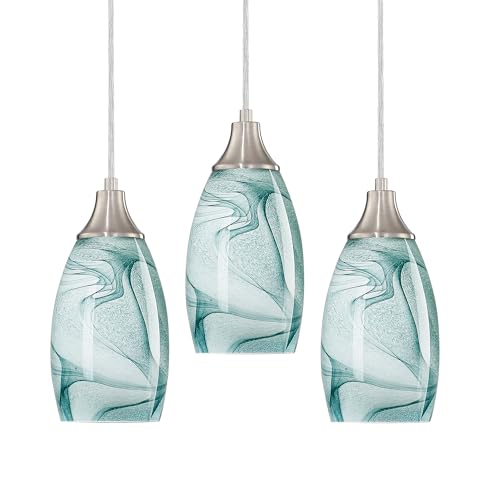 karyfine Mini Pendant Lights Kitchen Island Light Brown Glass Lamp Shade Hand Blown Glass Pendant Light with Brush Nickel Finish Adjustable Cord for Kitchen Over Sink (Green Marble-3Packs)