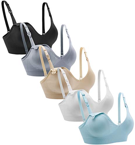 Suekaphin Nursing Bra 5pack Wireless Deep V Neck Maternity Nursing Bra Bralette Sleeping Breastfeeding with Extenders,Medium,Black/Nude/White/Gray/Lightblue