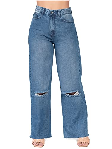 L.O.W.L.A SHAPEWEAR 212395 Ripped High Waisted Denim Boyfriend Wide Leg Colombian Jeans for Women Pantalones de Mujer Cintura Alta, Blue, 11