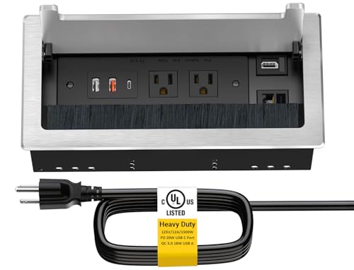 Kungfuking Conference Table Power Hub, Outlet Multimedia Connectivity Box with 1 HDMI + 1 RJ45 + 20W USB C + 2 USB A + 2 AC Outlets, Heavy Duty Metal Table Top Box for Countertop Office UL Listed