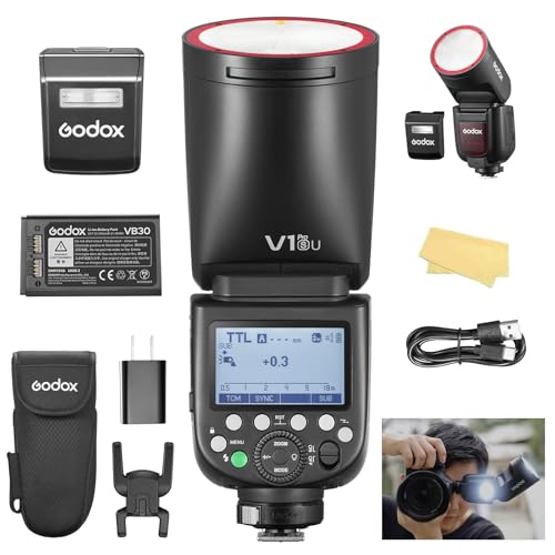 Godox V1 Pro S V1Pro-S USA Version TTL Round Head Camera Flash 2980mAh 76W Battery with External SU-1 1/8000s HSS 1.3s Recycle Time 2.4G Wireless HSS 500 Full Power for Sony ZV-E10, Alpha 7711 etc