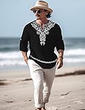 JoZorro Linen Tops for Men Islamic Abaya Men Henley Long Sleeve 90s Vintage T Shirts Muslim Clothes for Men Black V Neck T Shirt Mens V Neck Blouse Islamic Gifts for Men Black Tunic Tops for Men