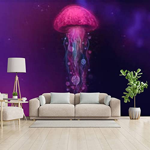 3D Wall Murals Removable Wallpaper Peel and Stick Modern Wall Stickers Abstract Fantasy neon Jellyfish on a Black Marine Jellyfish Colorful Wall Paper for Living Room Bedroom Wall Decor