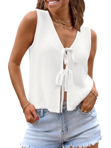 LILLUSORY Womens Crochet Tops Ladies Summer Vacation Outfits Beach Fashion Tank Y2K 2025 Cute Clothes Tie Front Sweater Vest White M