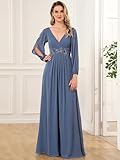 Ever-Pretty Women's V Neck Long Sleeves Floor Length Ruched Chiffon Formal Dress Haze Blue US10